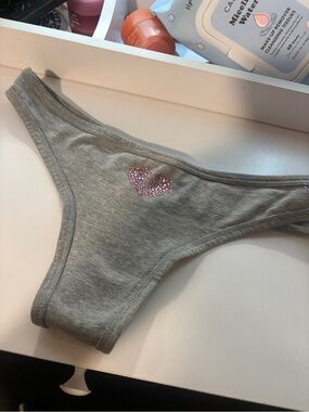 Victoria's Secret Gray Cotton Thong with Pink Rhinestone Heart